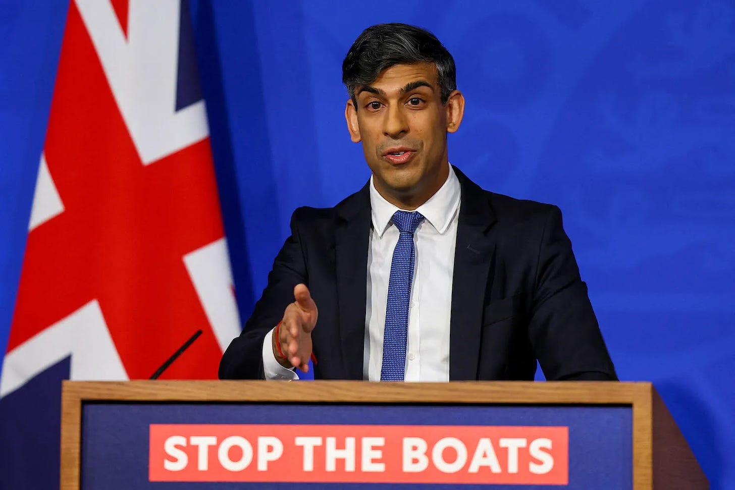 British Prime Minister Rishi Sunak speaks during a press conference in London.