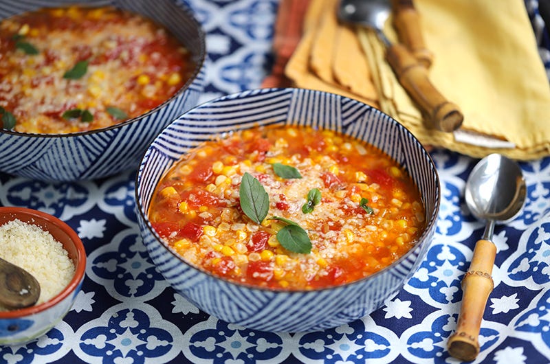 Tomato and Corn Chowder with Bacon and Leeks, Cook the Vineyard