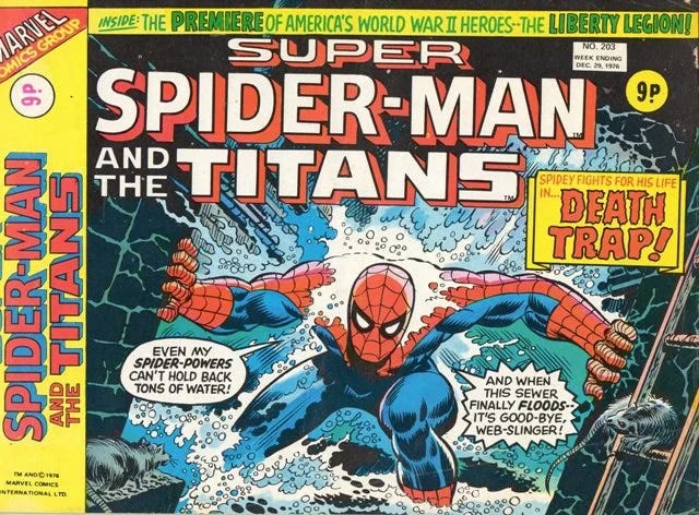 Cover of Super Spiderman and the titans, issue 203. Spiderman in a sewer that is filling with water!