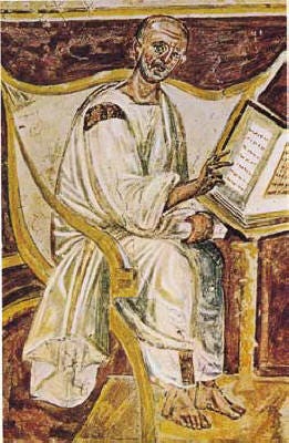 Augustine wearing period clothing, seated and writing.