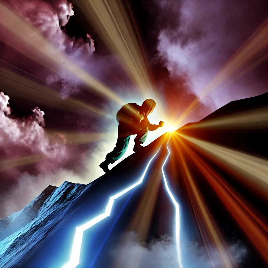 A powerful and striking image representing perseverance and hard work. The image should depict a person climbing a steep mountain or overcoming a tough obstacle, with rays of light breaking through dark clouds to symbolize achievement through effort. The atmosphere should feel determined and inspiring, with dynamic colours and strong visual energy to emphasize the power of persistence and hard work. No words or numbers, just a visually stunning representation of perseverance and the triumph of overcoming challenges.