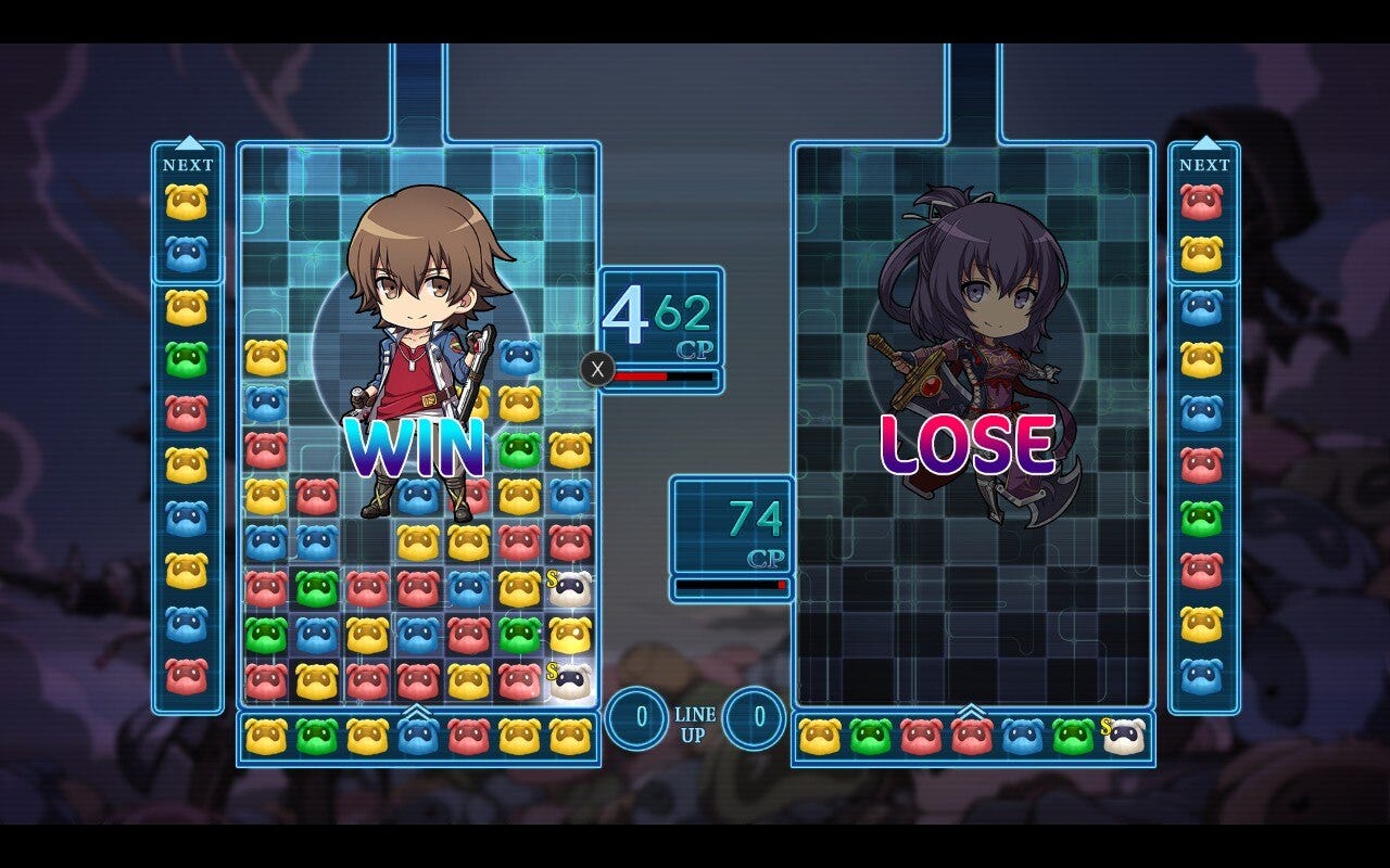 A screenshot from Pom! Pom! Party in Trails into Reverie, with Lloyd facing Rixia. Lloyd has won, so it says "WIN" on his side of the screen, and "LOSE" on Rixia's.