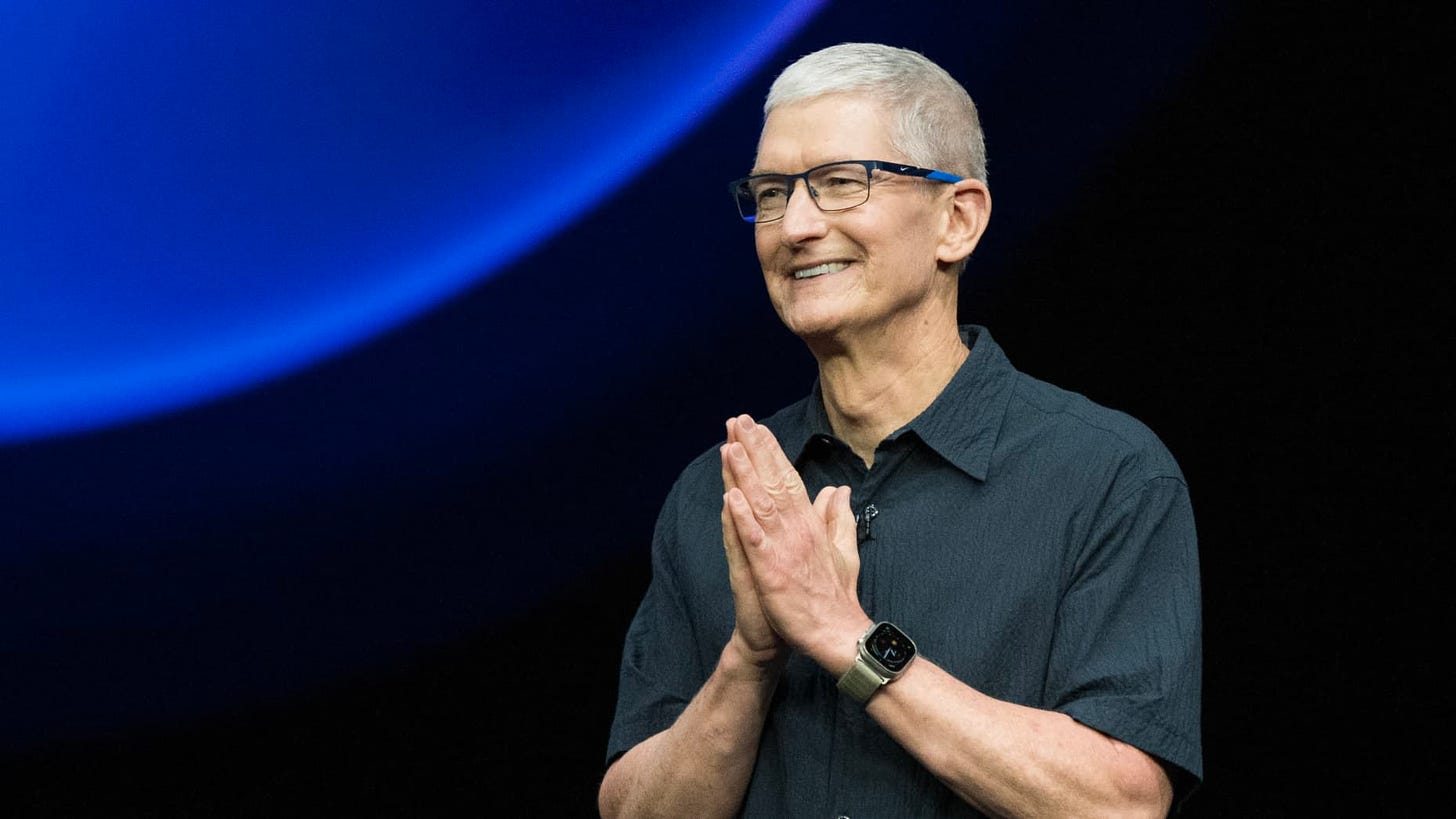 Apple CEO Tim Cook speaks during Apple's "It's Glowtime" event in Cupertino, California, September 9, 2024. (Photo by Nic Coury / AFP) (Photo by NIC COURY/AFP via Getty Images)