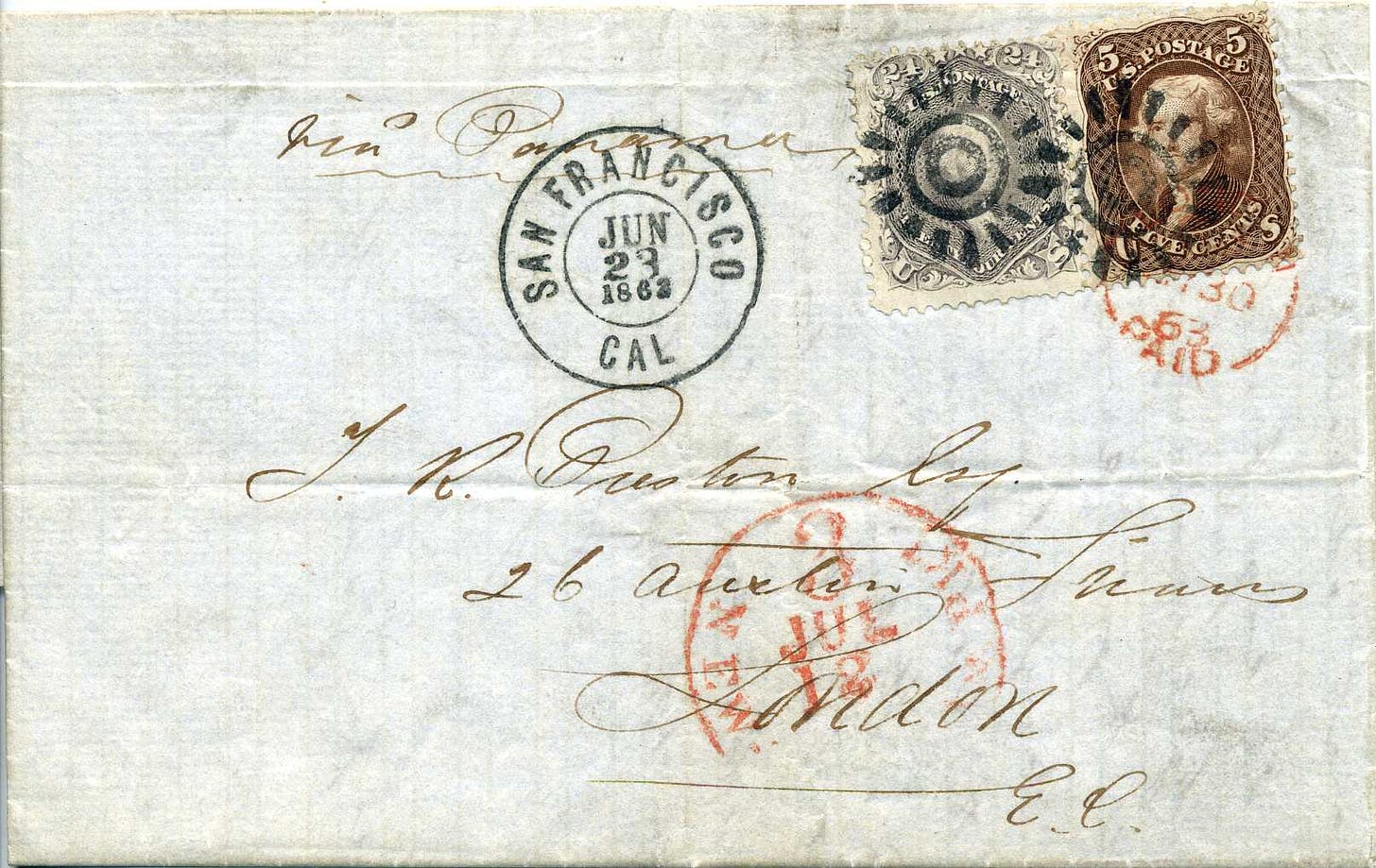 1863 folded letter sent from San Francisco to London