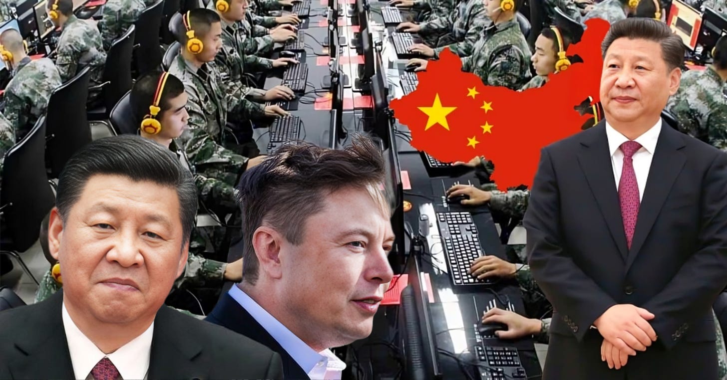 Xi Jinping and Elon Musk superimposed over a CCP-controlled troll room, with additional images of Xi and a backdrop of China."