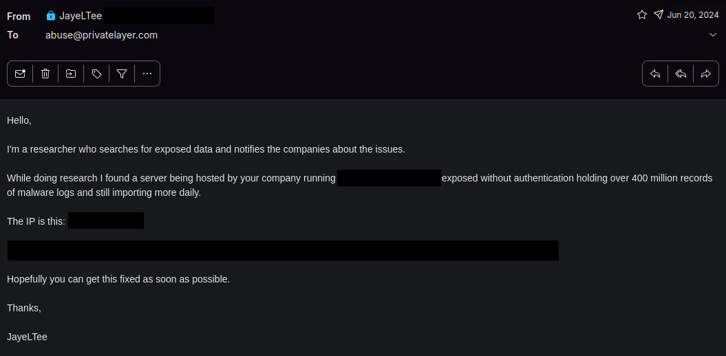 Screenshot of the email sent to Privatelayer.