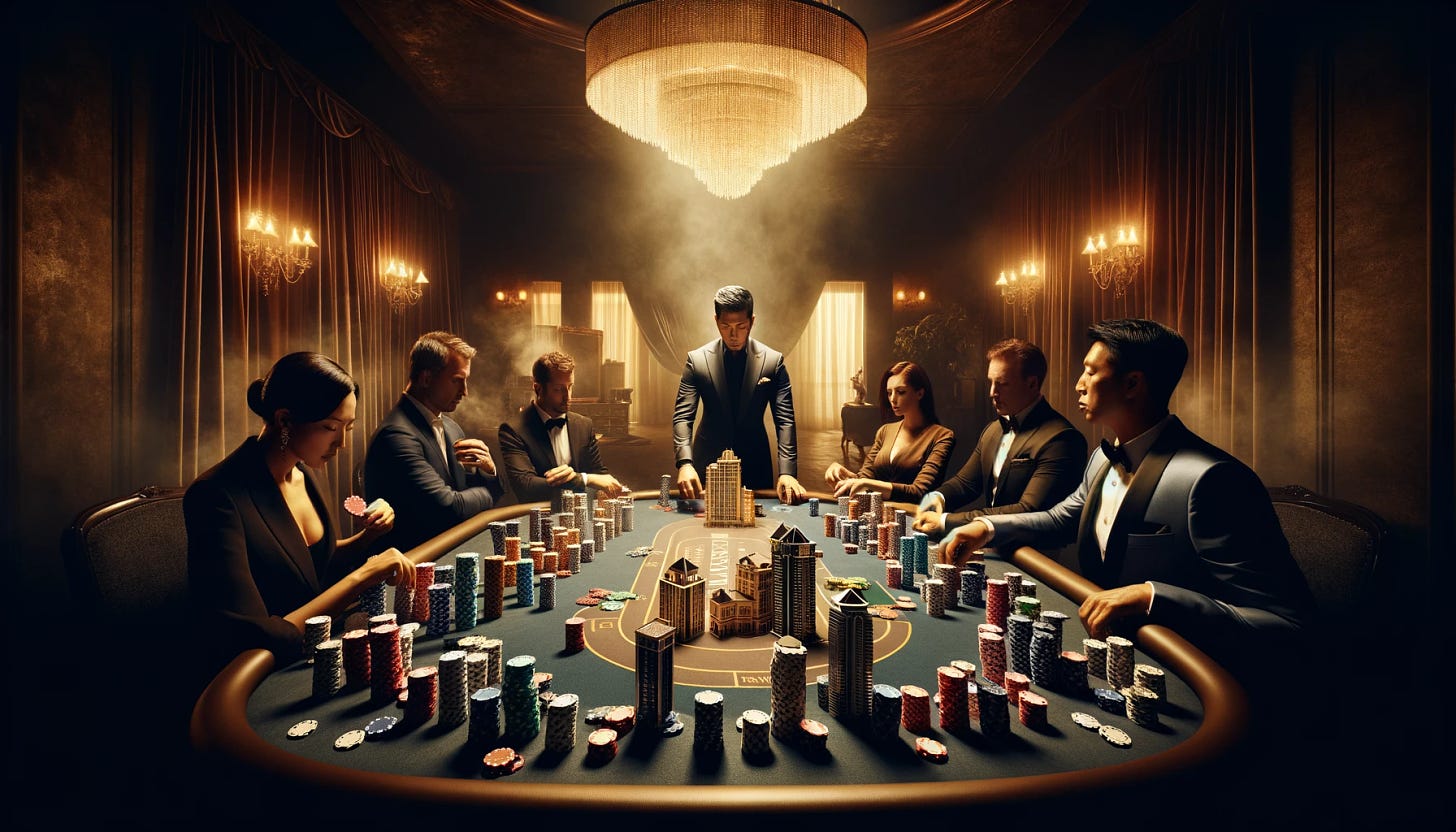 Envision a dramatic, high-stakes poker game set in a luxurious, dimly lit room. Instead of traditional chips, players use miniature models of real estate buildings as stakes, ranging from skyscrapers to residential homes, each representing different values. The poker table is surrounded by a diverse group of players, focused and calculating, dressed in elegant attire. The scene is rich with tension and excitement, highlighting the intensity of the game. Above the table, a soft overhead light illuminates the unique chips and the players' faces, casting shadows that add to the atmosphere. This setting symbolizes the high stakes of real estate investments and the strategic risks and rewards involved in the market. The background should subtly incorporate elements of wealth and luxury, such as velvet curtains, a crystal chandelier, and plush carpeting, to enhance the exclusivity of the moment.