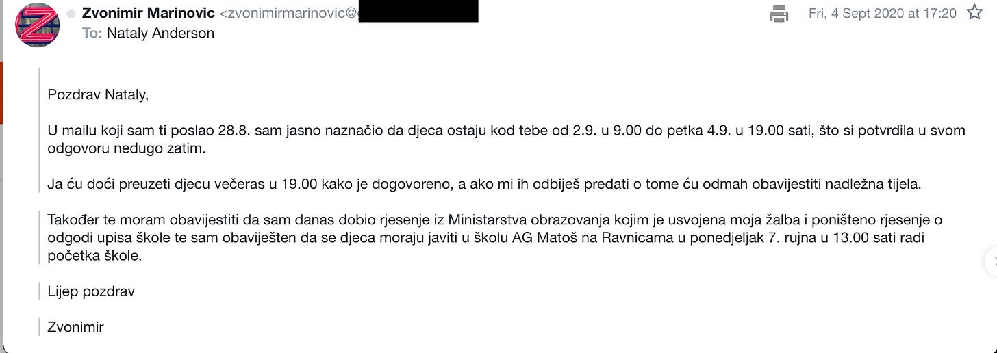 Screenshot of an email from Zvonimir about the Ministry's decision