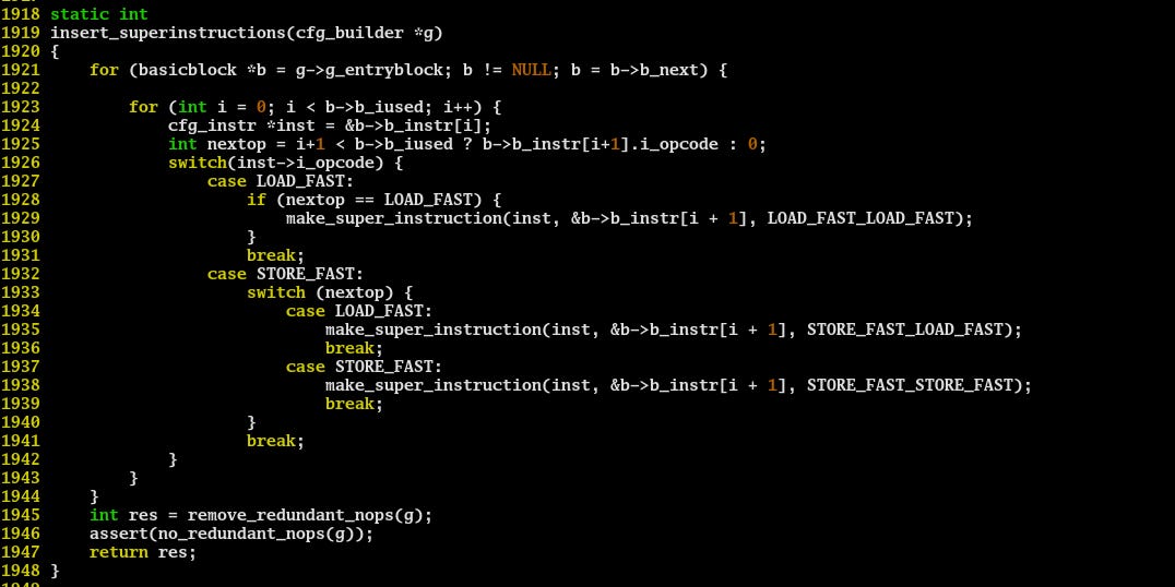 The implementation of the superinstruction optimization inside the CPython compiler. File: flowgraph.c