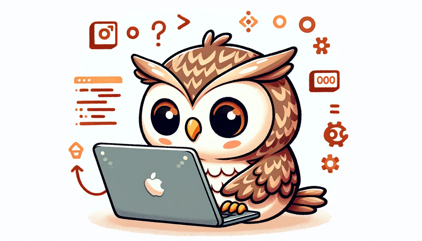 A cartoon-style illustration of an owl character using a laptop, engaged in learning technology skills. The owl has proportionate eyes, creating a more natural and focused appearance. The scene includes symbols representing various programming concepts, without displaying specific code. The illustration maintains a whimsical yet focused atmosphere, with a balanced color palette that matches the style of the previous animal character illustrations, emphasizing the theme of dedication in acquiring tech skills.
