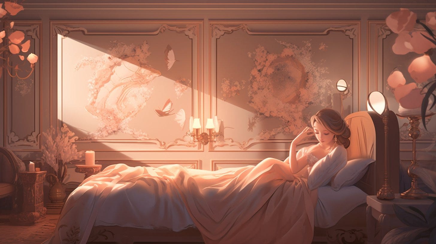 A sleeping beauty resting peacefully on a cushioned surface, serene and tender illustration capturing the blissful and luxurious atmosphere, digital illustration, cozy and soothing bedroom, soft ambient lighting, gentle and soothing color palette, eye-level shot --ar 16:9 --v 5 