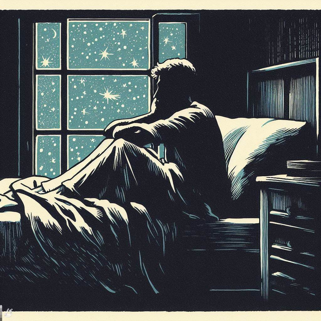 silhouette of man in bed unable to sleep in middle of night, 1900-style illustration, colored woodcut