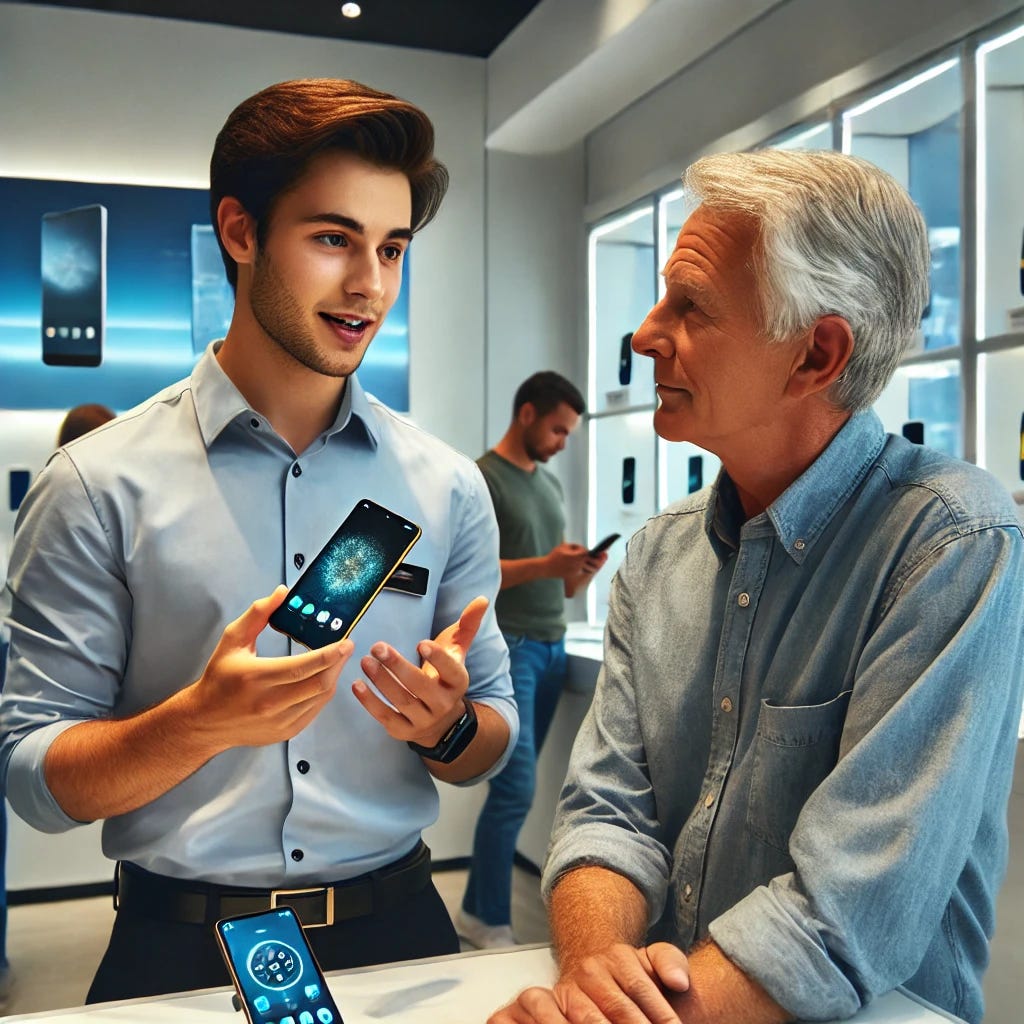 A scene in a modern phone store with a young salesman enthusiastically demonstrating a smartphone to a middle-aged customer. The young salesman, wearing a branded shirt, holds the phone and gestures towards its features, while the middle-aged customer, with a thoughtful expression and arms crossed, listens attentively. The store has bright lighting, phones displayed neatly on shelves in the background, and a clean, tech-inspired aesthetic. The atmosphere is lively, with other customers browsing nearby.