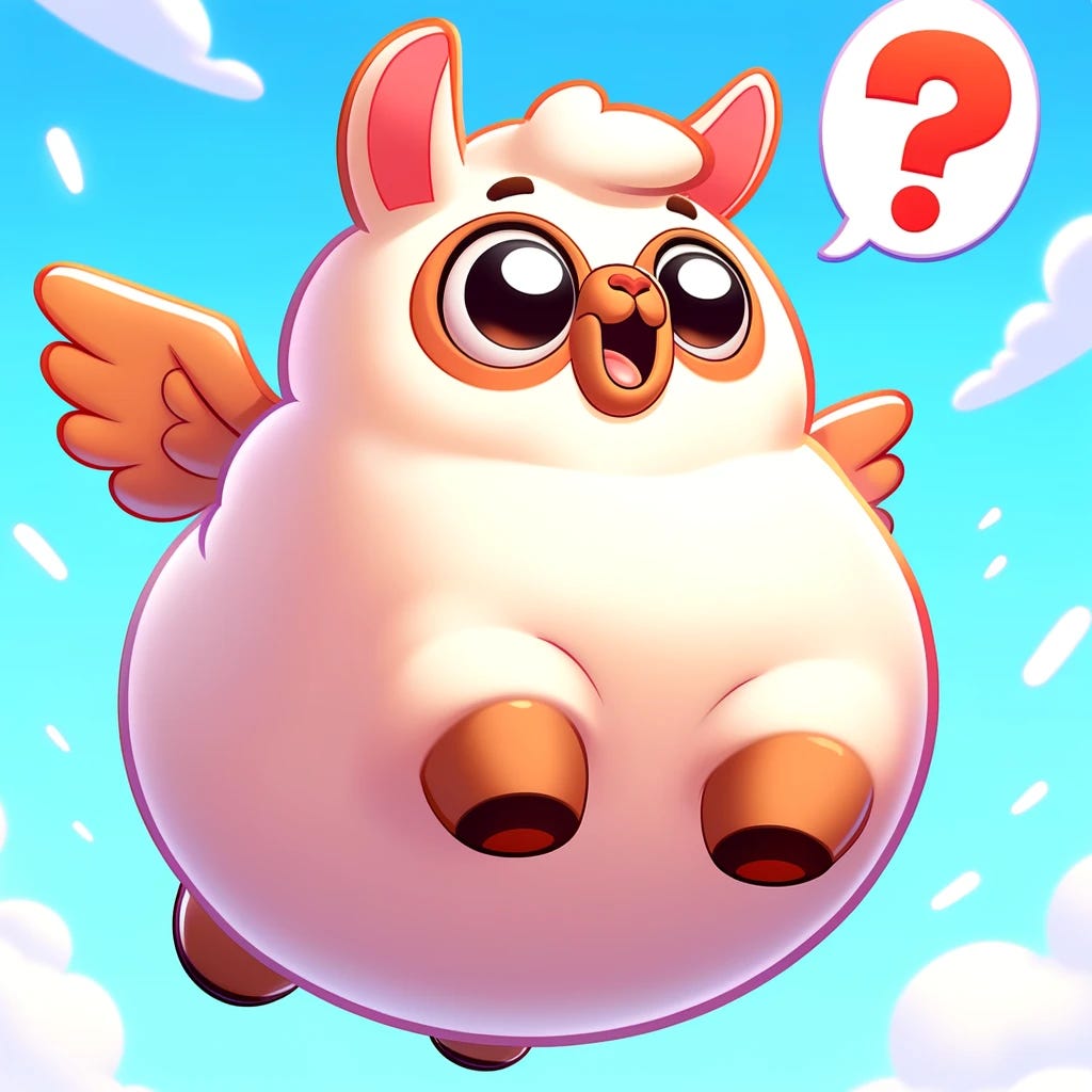 A cartoon-style fat llama with a chubby, round body and short legs, flying in the sky. The llama has tiny wings and a very surprised expression with wide eyes, raised eyebrows, and an open mouth. A question mark is floating above its head to emphasize its surprise. The scene is colorful and cheerful, with a bright blue sky and a few fluffy clouds around the llama. The llama looks as if it just realized it can fly.
