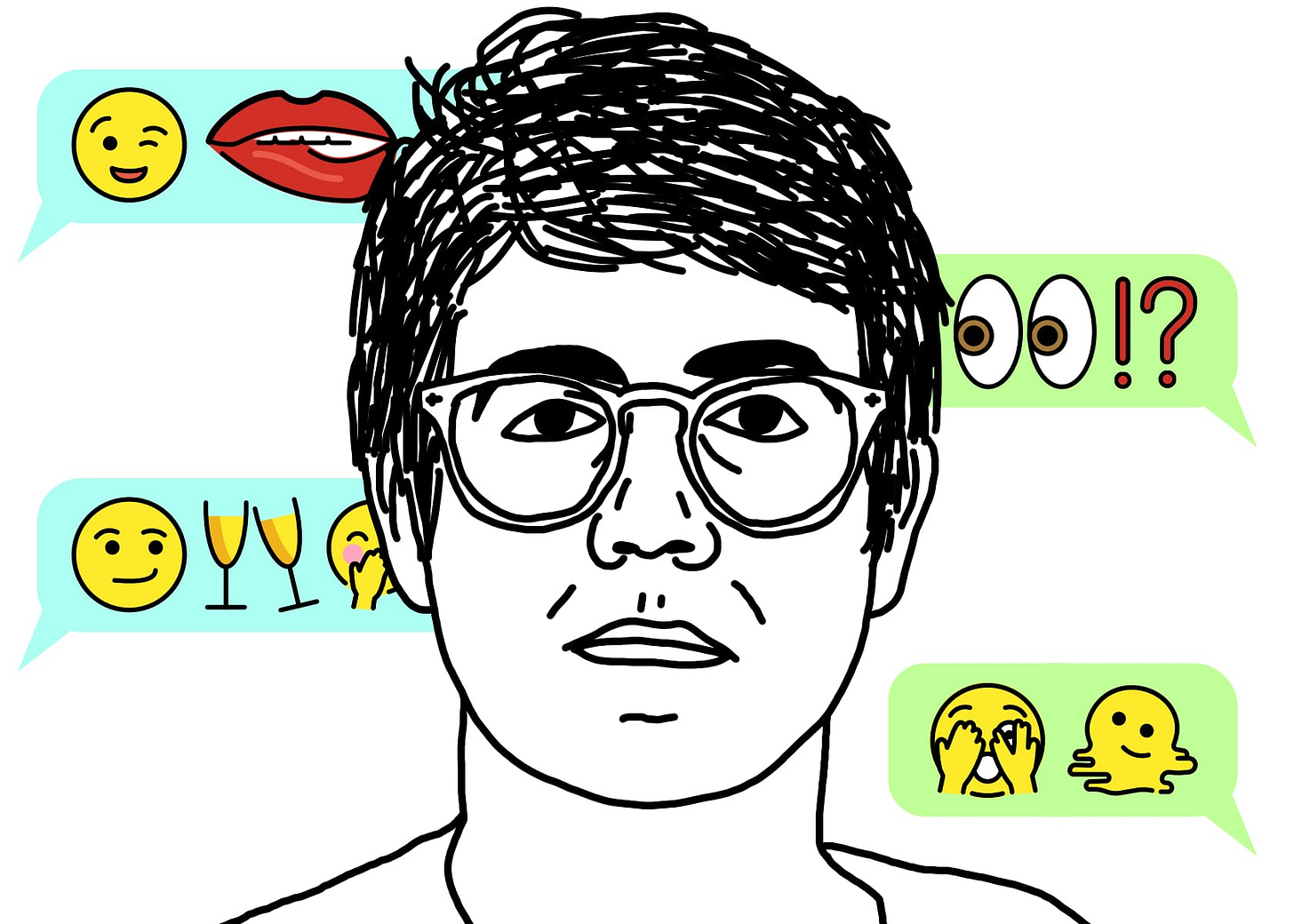 A black line drawing of Alex, the protagonist of "I Hear You Watching." He is white, short messy parted hair, glasses. He stares straight at you, unsmiling. Behind him are chat bubbles showing a flirtatious exchange in emoji.