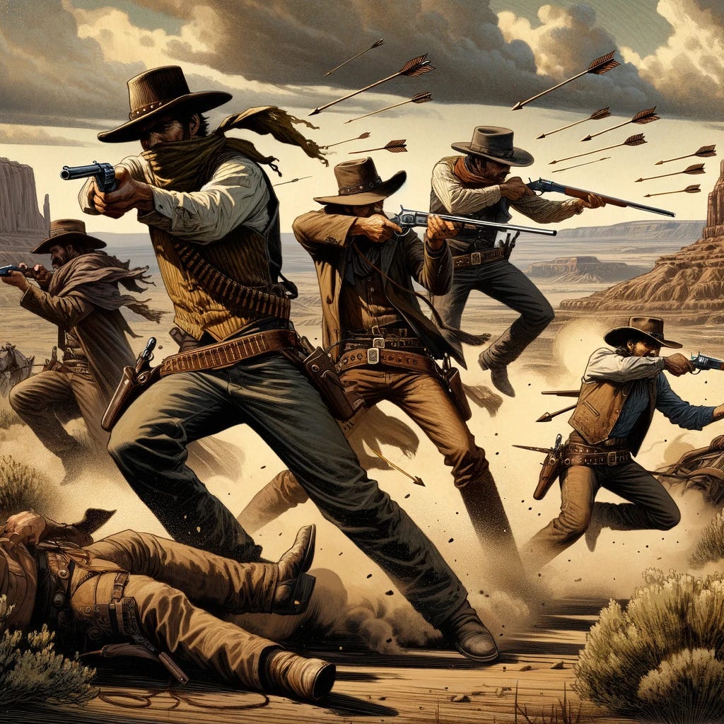 A dynamic illustration of a team of cowboys in a dramatic wild west scene, caught in an intense moment of action, but without any guns or signs of them firing back. Instead, they are shown taking defensive positions, using their surroundings for cover, or attempting to dodge the incoming arrows. They are positioned in a rugged, open desert landscape under a wide, expansive sky. The cowboys wear traditional attire, including wide-brimmed hats, leather boots, and bandanas. The background features sparse vegetation, rocky outcrops, and distant mountains, adding to the desolation and tension of the scene. The illustration captures the movement and chaos of the moment, with dust kicking up around the cowboys' feet and their expressions of focus and surprise as they navigate the peril without retaliating. The color palette is rich with earth tones, accented by the bright flashes of the arrows' flight. Drawn with: a dynamic, action-packed style, emphasizing movement and dramatic lighting to enhance the scene's intensity without depicting violence.