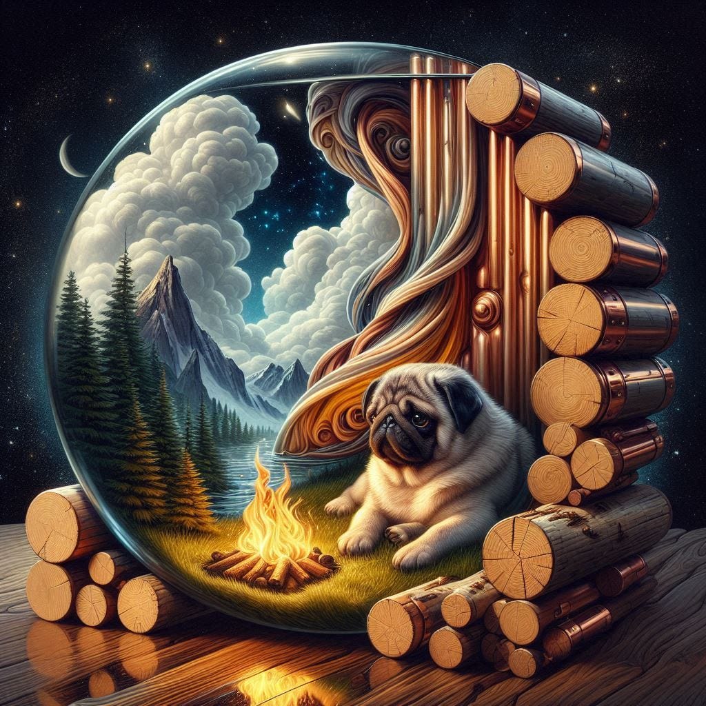  angle glass waterfall with with a small fire in it over image of  Birchwood/rosewood black pug and grey cat laying in the grass in water in resin/ soft, beautiful/honey-wood and copper/ Marquetry, verdigris. mountain / fluffy cloud floating low in foreground / honey-gold-swirl/surrounded by copper pipes .REFLECTED/ Inspired by style of Jeffrey Catherine Jones /backdrop of swirling clouds under moon.black starry sky / love/ bliss
