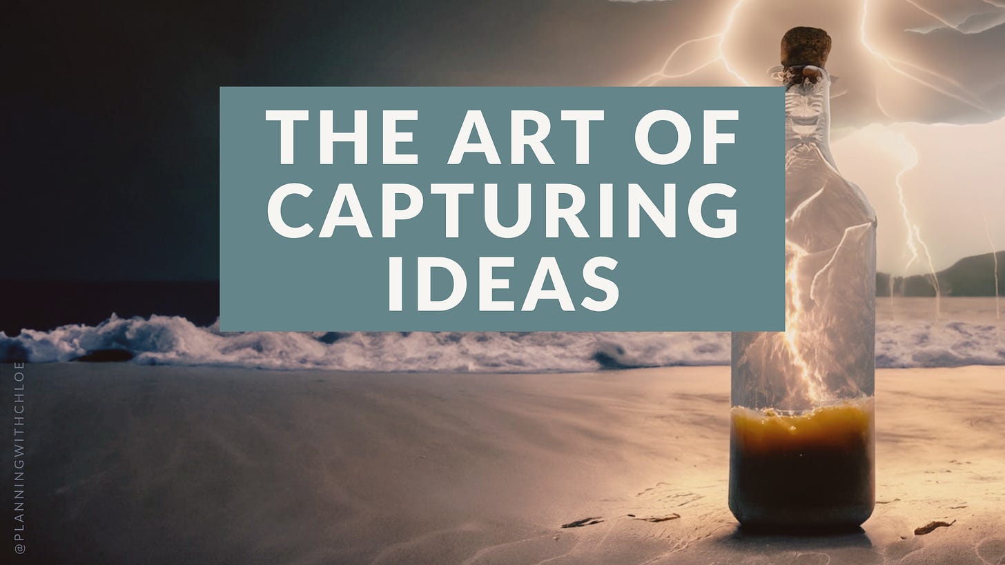 Mastering The Art of Idea Capture: A Lifeline for Creatives. Image of a night storm beach scene with lightening captured in a bottle (image generated with AI).
