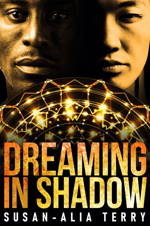 Cover of Dreaming in Shadow - The faces of two men, one black one asian.