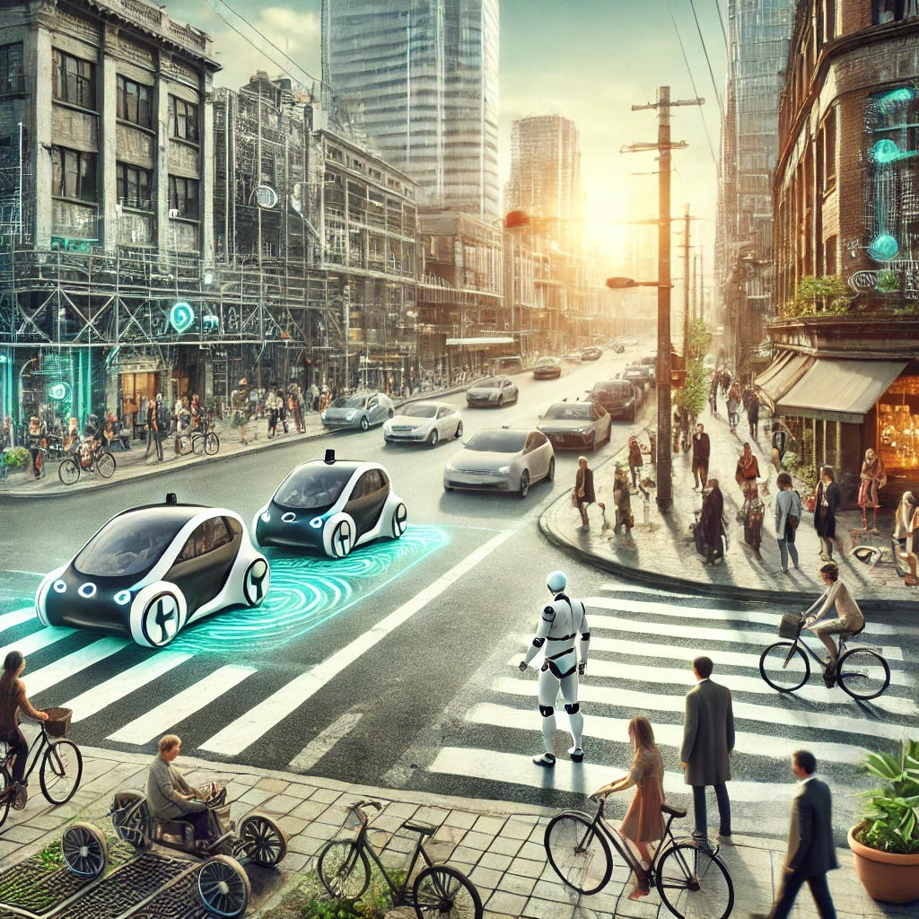 A bustling city intersection depicting societal change in urban transport, featuring a stark contrast between traditional vehicles, pedestrians, and bikes on one side, and futuristic autonomous cars and advanced bike lanes on the other. The scene captures the tension between change agents (portrayed as energetic figures advocating for innovation) and cautious citizens observing from the sidelines. The setting is rich in urban details, showing older infrastructure blending with modern transport elements, emphasizing the dynamic push-pull of progress and stability.