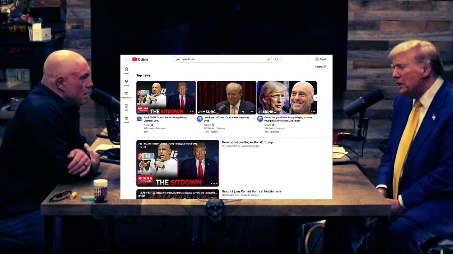 A podcast studio setup with two men sitting across from each other at a table, each speaking into a microphone. A YouTube search result overlay shows various news videos related to them.