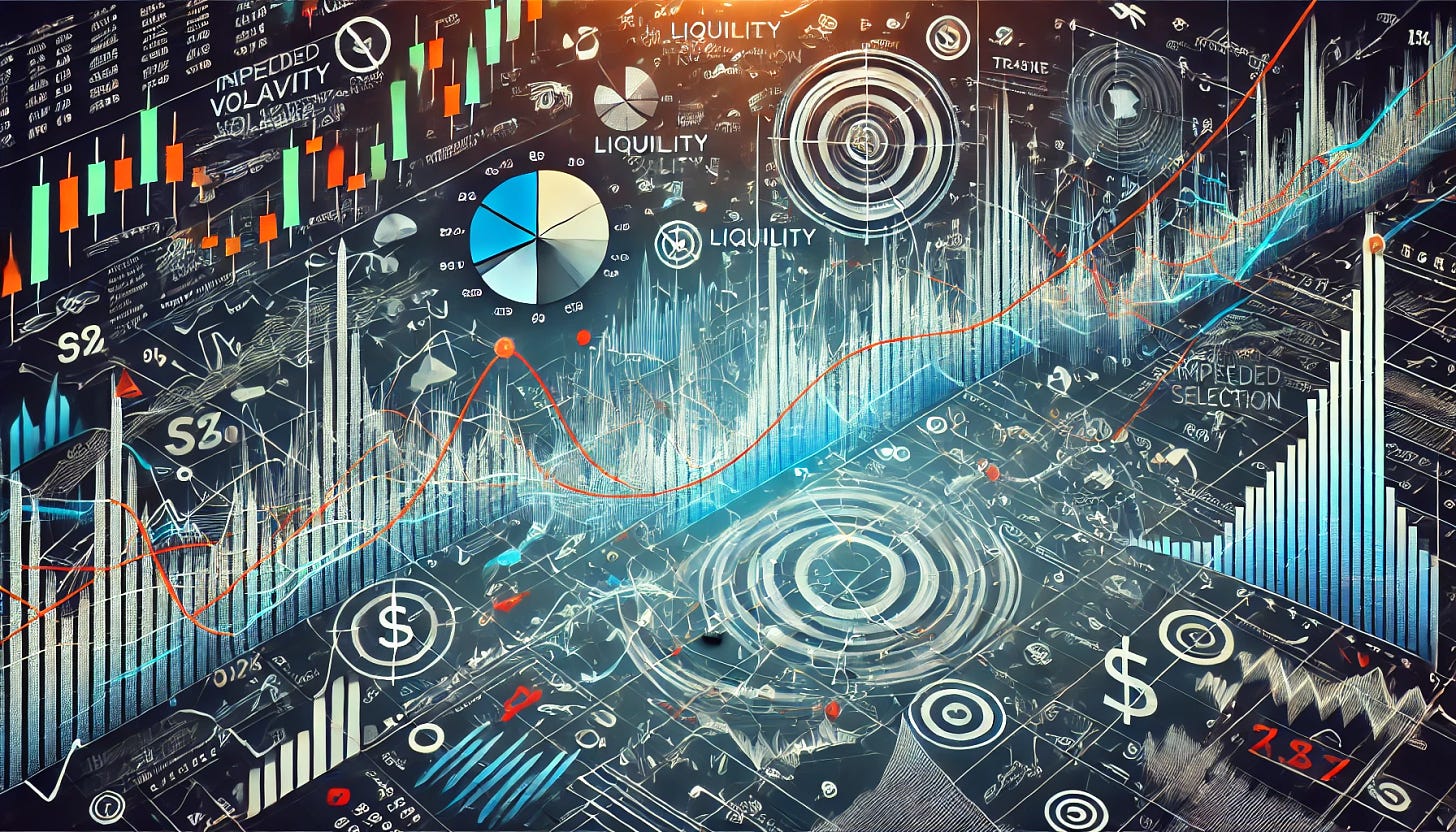 An image depicting a financial chart with two lines tracking implied volatility and realized volatility diverging over time. The chart should be set against a backdrop of mathematical equations, trade indicators, and financial symbols like dollar signs and stock charts. Additionally, include elements representing liquidity and strike selection opportunities, such as liquidity waves and target symbols for strike prices. The overall theme should balance finance, math, and investing with a creative, modern design.