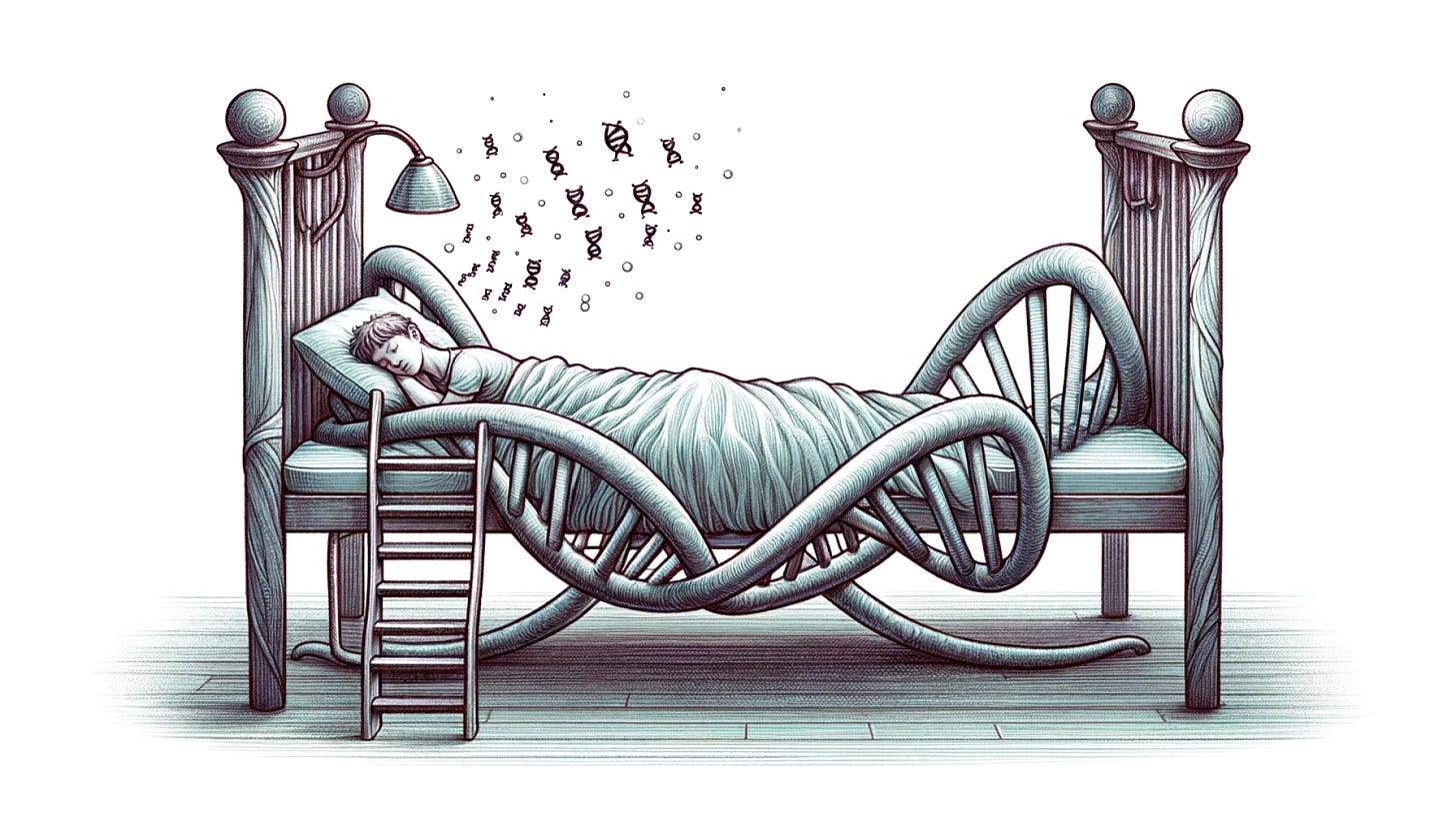 A whimsical and detailed illustration showing a person sleeping peacefully on a unique bed shaped like a DNA strand. The bed should be intricately designed to resemble a DNA double helix, complete with the twists and base pairs, serving as the frame and mattress. The sleeping person is depicted in a relaxed pose, with subtle snoring bubbles indicating deep sleep. The room is designed to evoke a sense of tranquility and imagination, with a gentle night-time ambiance.
