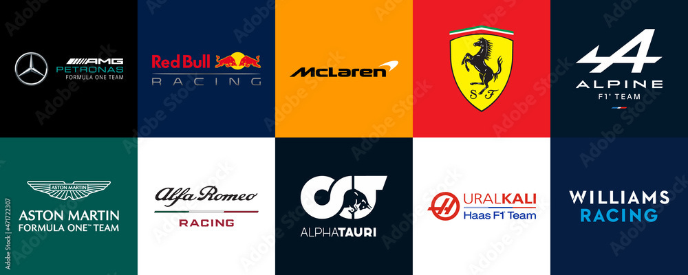 Formula 1 Team Logo Badges. F1 Teams Ferrari, Mercedes AMG, Red Bull,  Alpine etc. Every Racing Team or Constructor Currently Competing in F1  Racing World Championship. Stock Vector | Adobe Stock