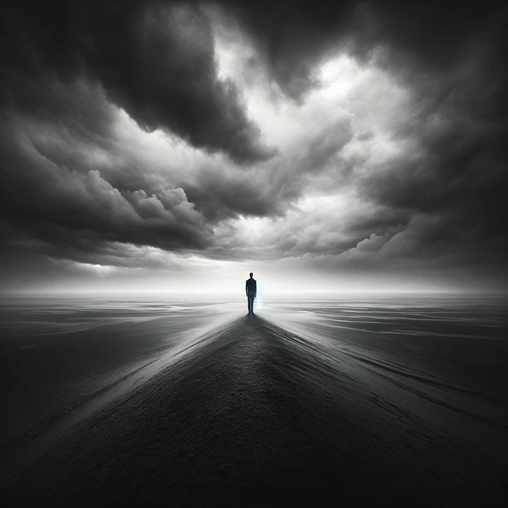 A solitary figure stands at the edge of a vast, empty plain, stretching endlessly under a heavy, overcast sky. The figure is silhouetted against the bleak landscape, embodying a profound sense of isolation and detachment. The ground beneath is barren, devoid of life, reinforcing the theme of desolation. This image captures the emotional weight of alienation, with the vast emptiness symbolizing the chasm between the individual and the surrounding world. The atmosphere is charged with a palpable sense of loneliness, as the figure stands alone, disconnected from any sense of belonging or community.
