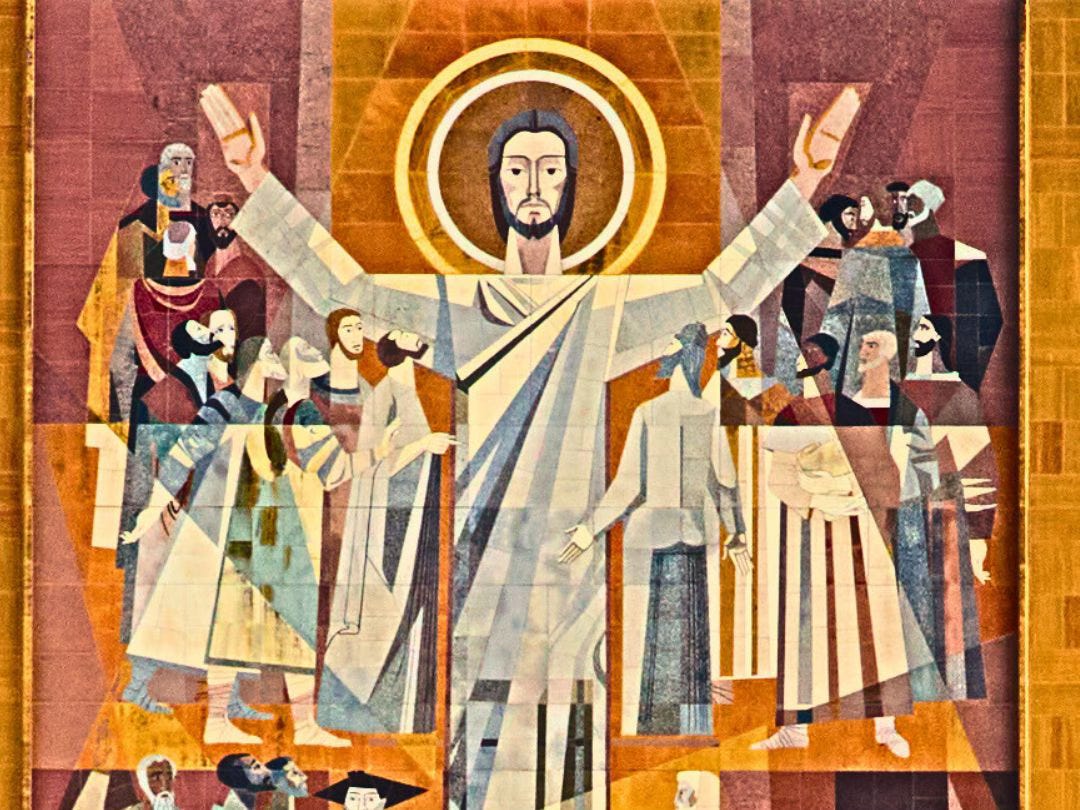 A painting of Jesus, surrounded by his followers, with his arms raised upward.