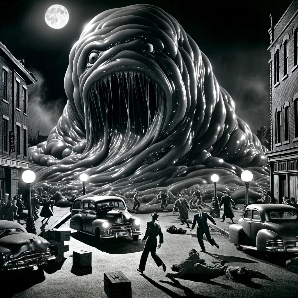 A scene from a 1950s horror movie, featuring a large, menacing gelatinous blob in the center of a town street. The blob is semi-transparent and ominous, with a shiny, undulating surface, consuming objects in its path. Around it, vintage cars and lampposts are being absorbed into its mass. In the foreground, frightened citizens are running away, their expressions a mix of horror and disbelief. The scene is set at night with a full moon in the sky, casting dramatic shadows and giving the scene an eerie glow, reminiscent of classic 50s horror films.
