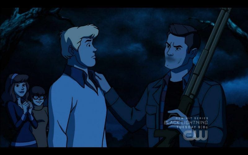 fred with dean winchester fighting over daphne scoobynatural