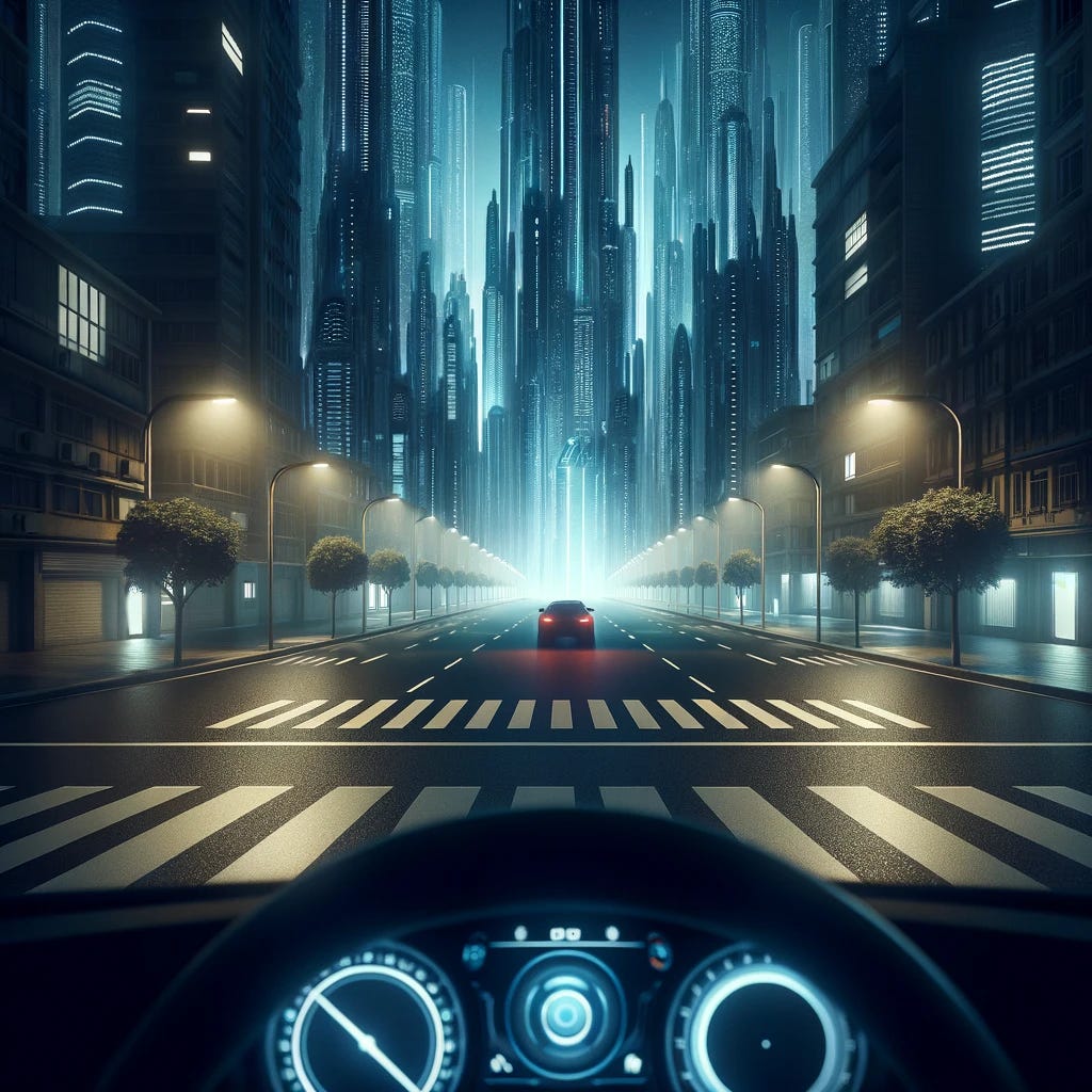 A dream-like, futuristic image from a driver's point of view, similar to the first image but with a modification. The scene is set at night, at a dark, unlit intersection with no traffic lights. This time, include tall, futuristic buildings that partially occlude the view of the intersection, adding a sense of depth and urban density. The road should still be sleek and modern, indicating advanced technology or a distant future. Streetlights cast a soft, ambient glow on the surroundings. The atmosphere remains slightly surreal, with a focus on the anticipation and mystery of an unseen approaching car, enhanced by the partially obscured view due to the buildings.