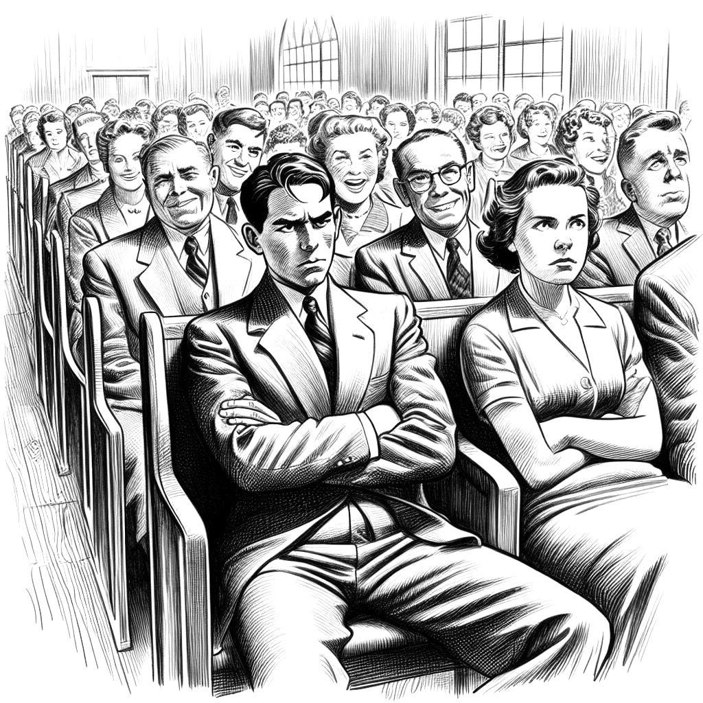 Drawing of people in church.