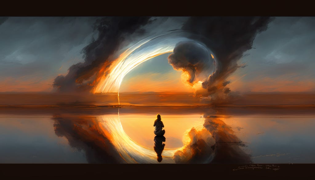 “Ceci n’est pas une joie autistitique,” original digital illustration by the author. Fantasy illustration, dark moody background, bright illuminated halo in the center. A human sits in the center in lotus pose, relfected in a serene pond at dawn or dusk.