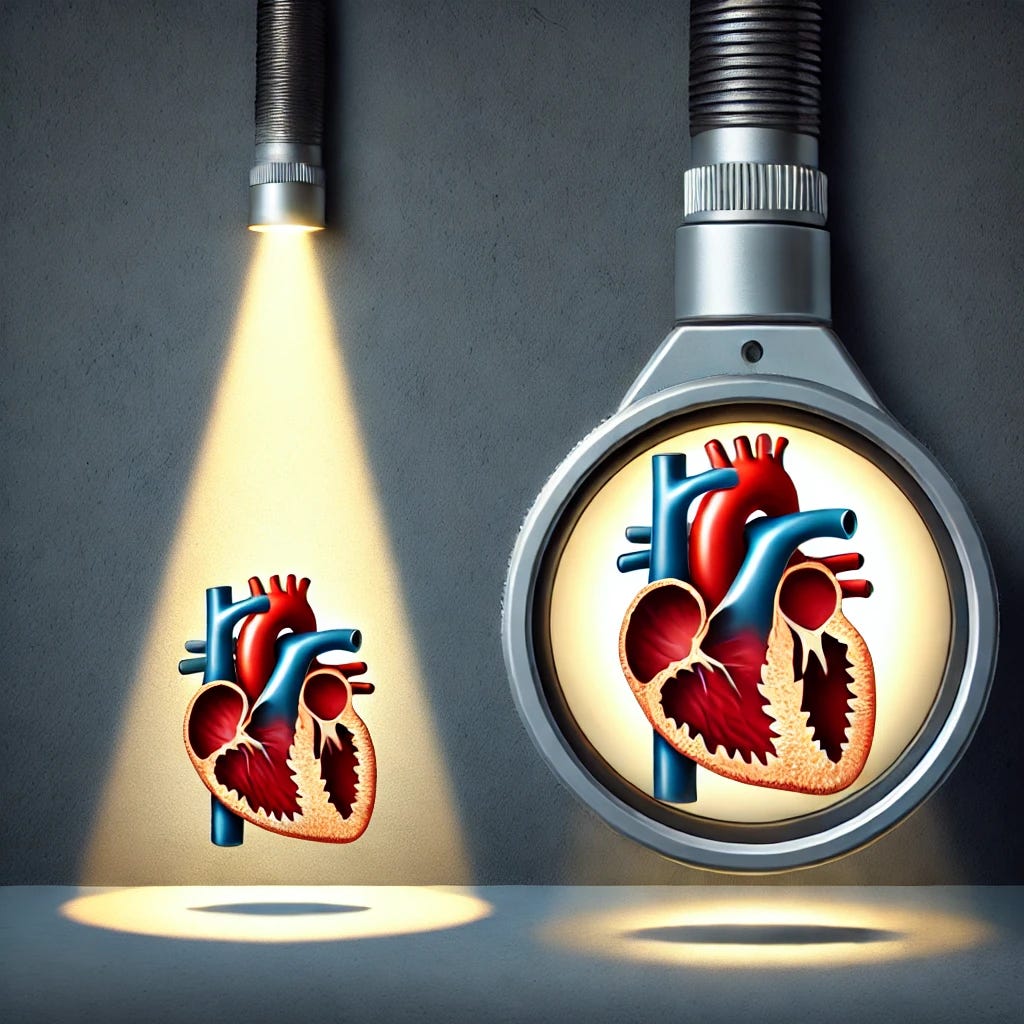 A conceptual visual representation of hidden myocarditis cases due to limited observation windows. On the left, a small, narrow spotlight illuminating only a small section, symbolizing a restricted view. On the right, a much larger spotlight revealing significantly more cases, symbolizing the full extent of the issue. The design should be clean, professional, and impactful with a medical and scientific feel. No text.