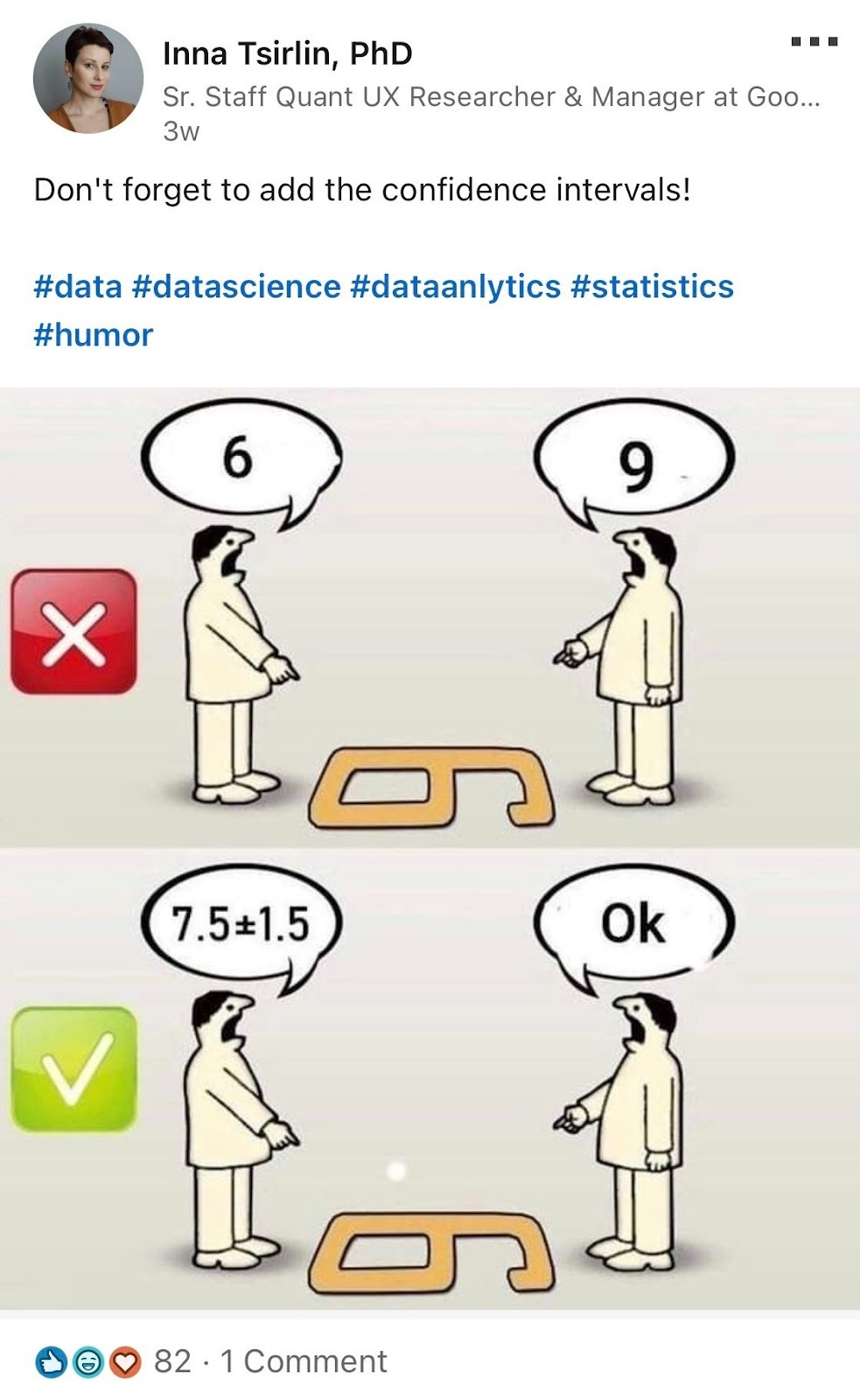 screencap of a LinkedIn post. Text: "Don't forget to include confidence intervals!" Includes a cartoon with two panels. In the first panel, two people standing on opposite ends of a numeral argue whether it's a 6 or a 9. In the second panel, one person says "7.5±1.5" and the other says "Ok"