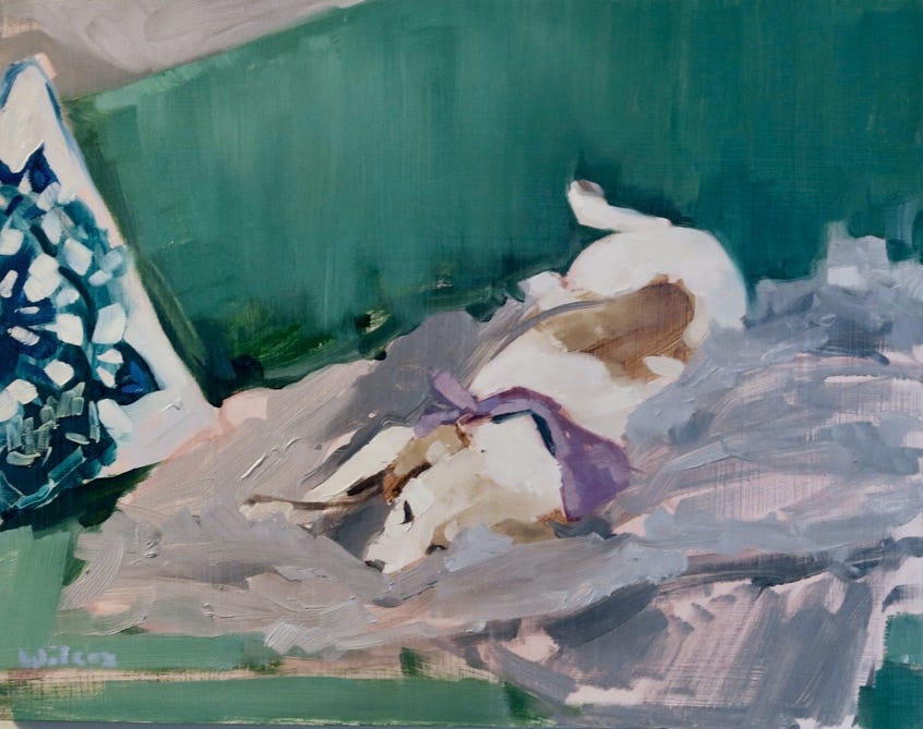 A painting of a dog lying on a blanket

Description automatically generated