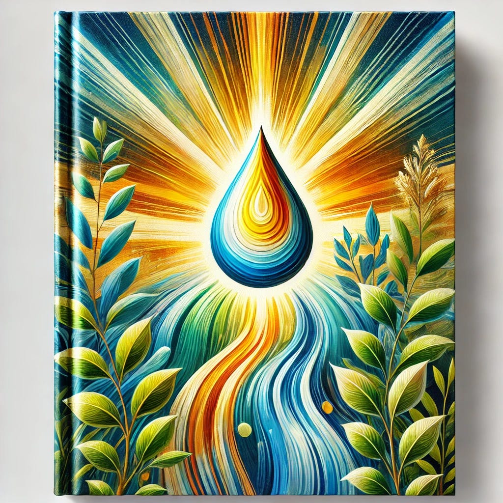 A vibrant and expressive oil painting-style book cover for 'The DMSO Handbook: A Practical Guide to its Uses and Applications.' The design features a central motif of a radiant drop of liquid symbolizing DMSO, glowing with golden and silver hues to represent purity and versatility. Surrounding it is a harmonious blend of natural elements—soft green leaves, blue streams of water, and warm golden sunlight rays, symbolizing healing and nature. The background has bold, sweeping brushstrokes in calming colors like blue, green, and yellow. The overall style is modern and uplifting, evoking hope and practicality.