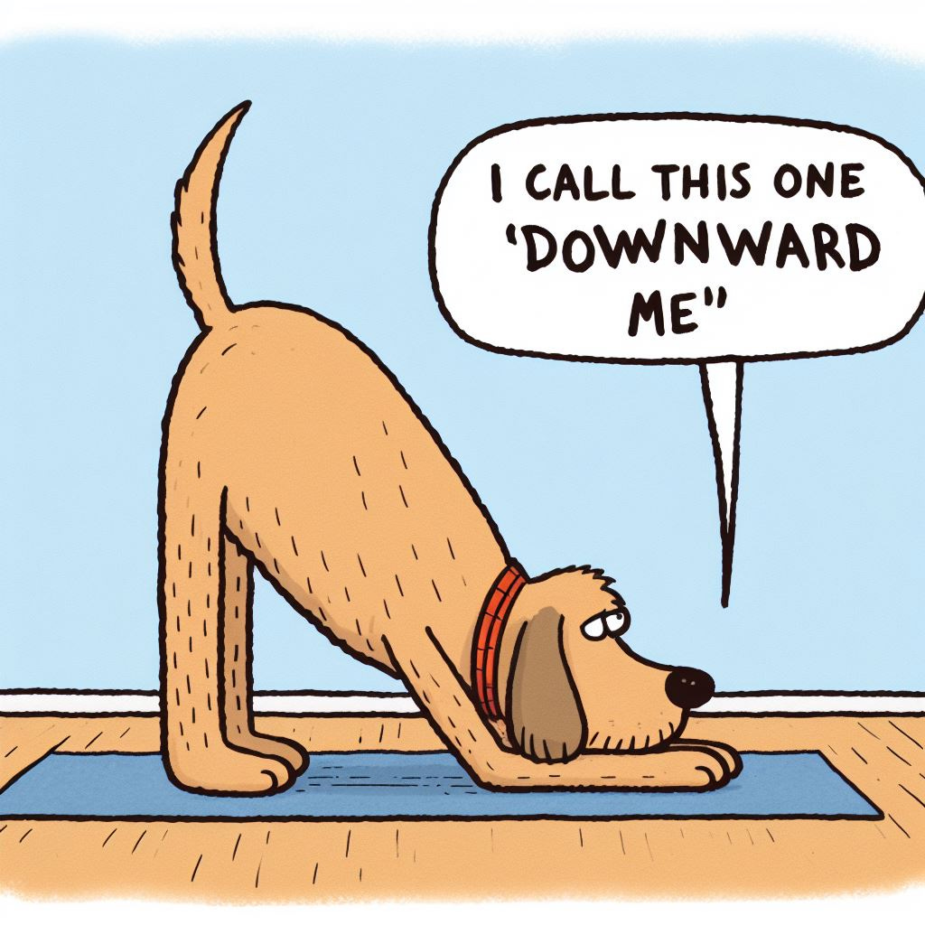 Cartoon illustration: A dog in a yoga class, standing on all fours and facing down, saying "I call this one 'Downward me'"