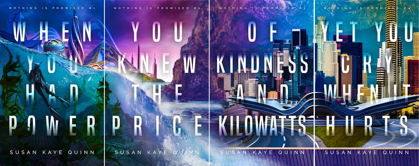 4 cover spread with one continuous futuristic/naturescape, Nothing is Promised series by Susan Kaye Quinn
