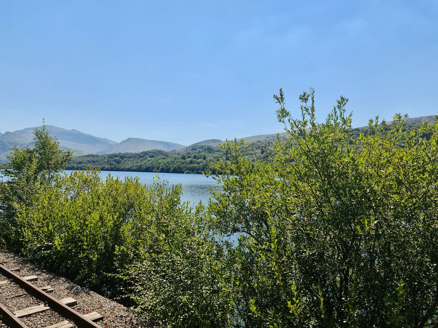 A view from a train next to a lake, showing the track, plants, water, and mountains, with a clear blue sky.