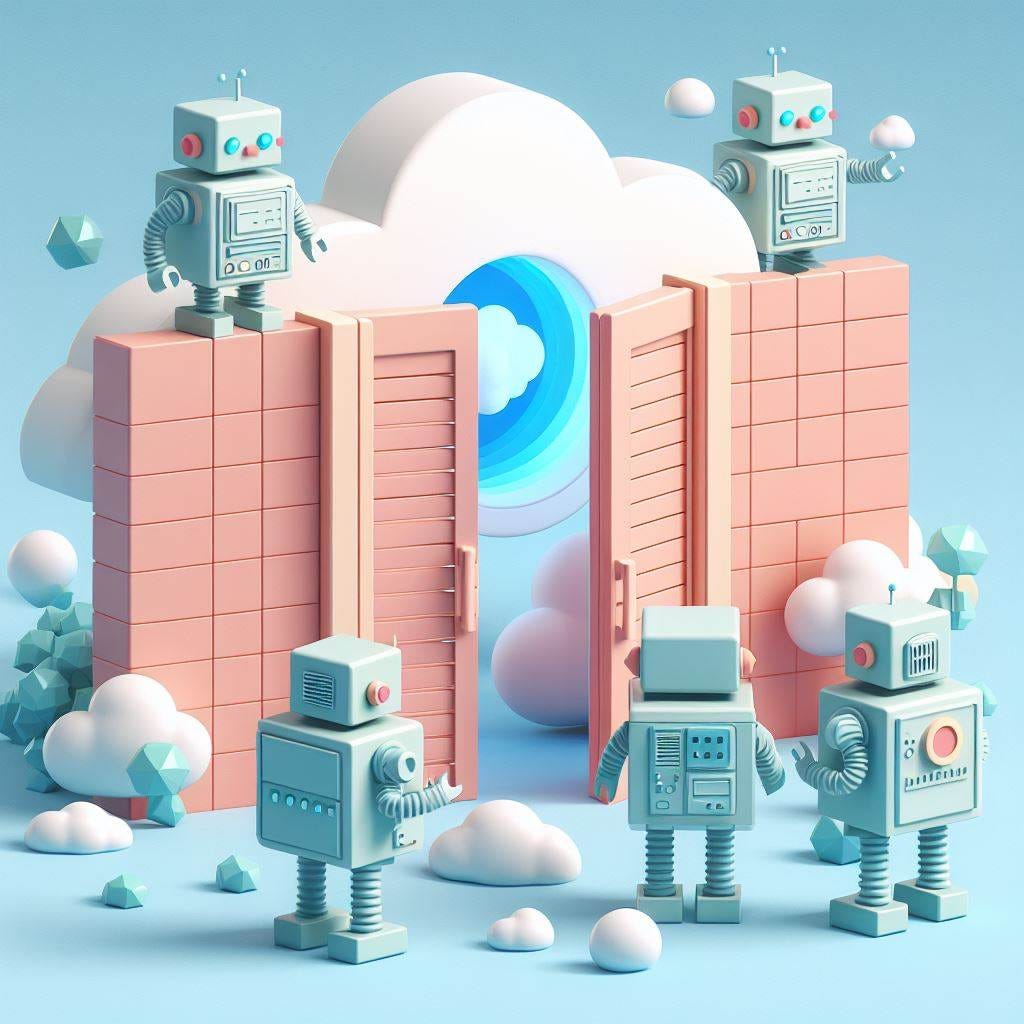 a cartoonish 2D wall blocking some robots trying to enter a cloud with a fun, light pastel color scheme and minimalist style