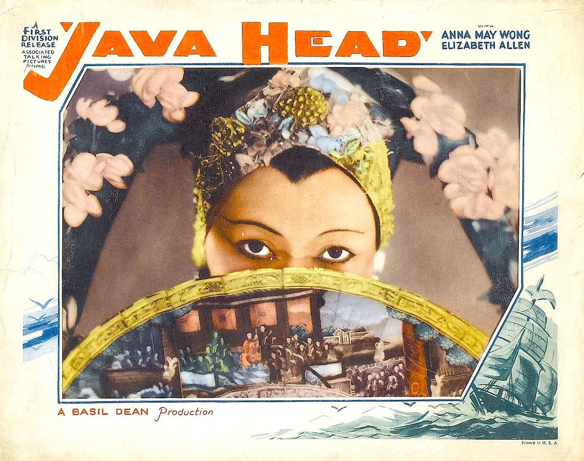 poster for Java Head featuring a color image of Anna May Wong dressed as a Chinese princess with fan obscuring part of her face