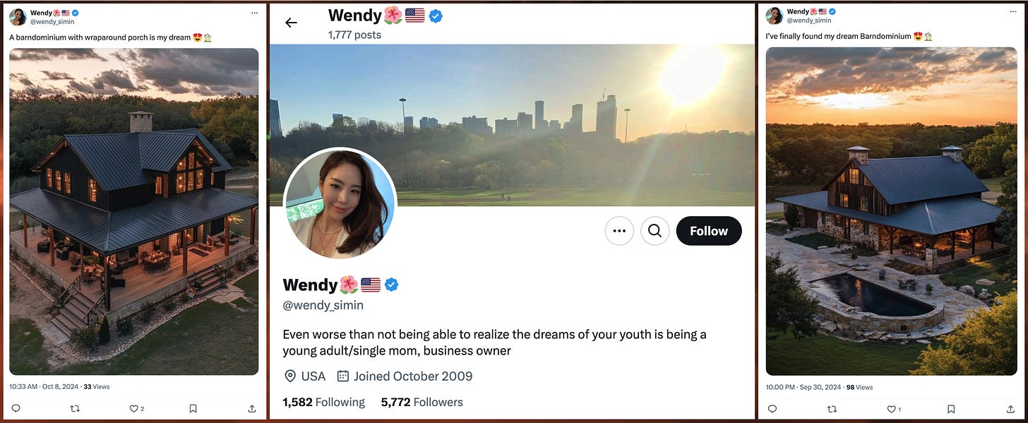 screenshot of @wendy_simin's profile and screenshots of two @wendy_simin posts containing AI-generated images of houses