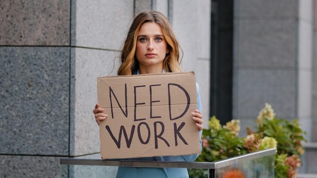 Premium Photo | Sad unemployed blonde business woman stands in city looking  at camera holds cardboard banner needs work job worried problems with  finances career loss unemployment pandemic crisis poor girl fired