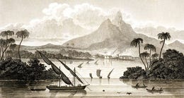 An etching showing a harbour as viewed from the sea, with small boats in the foreground.