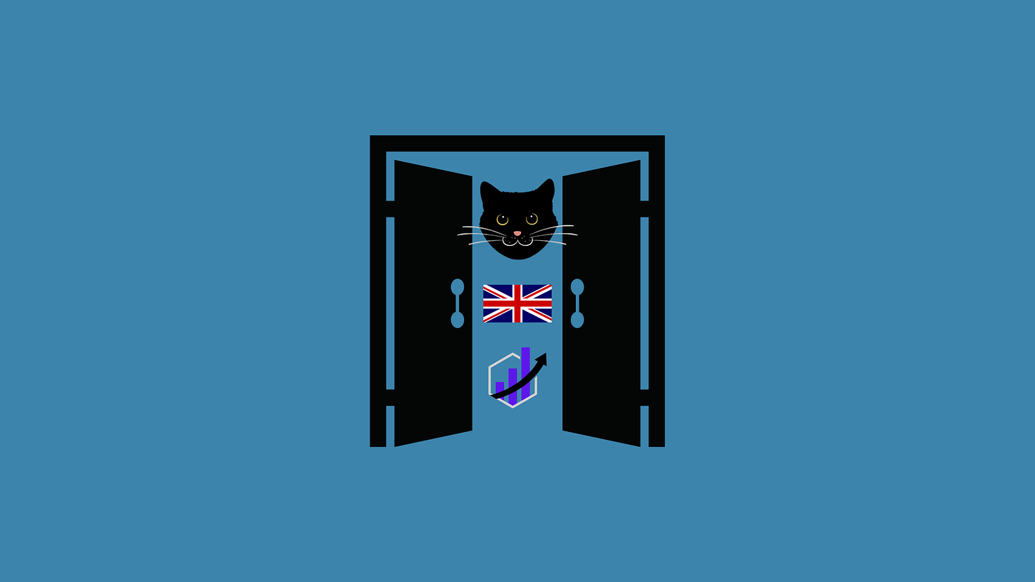 Open of door, UK flag, finance symbols and a cat face.