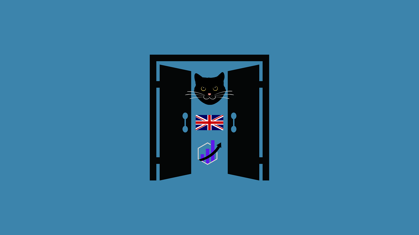 Open of door, UK flag, finance symbols and a cat face.