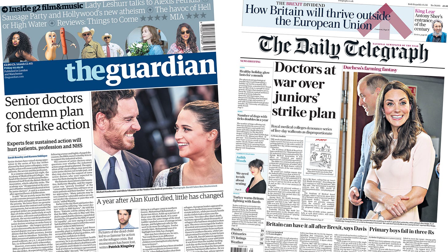 Newspaper headlines: 'Doctors at war' over strikes and 'selfie makes Kate  giggle' - BBC News